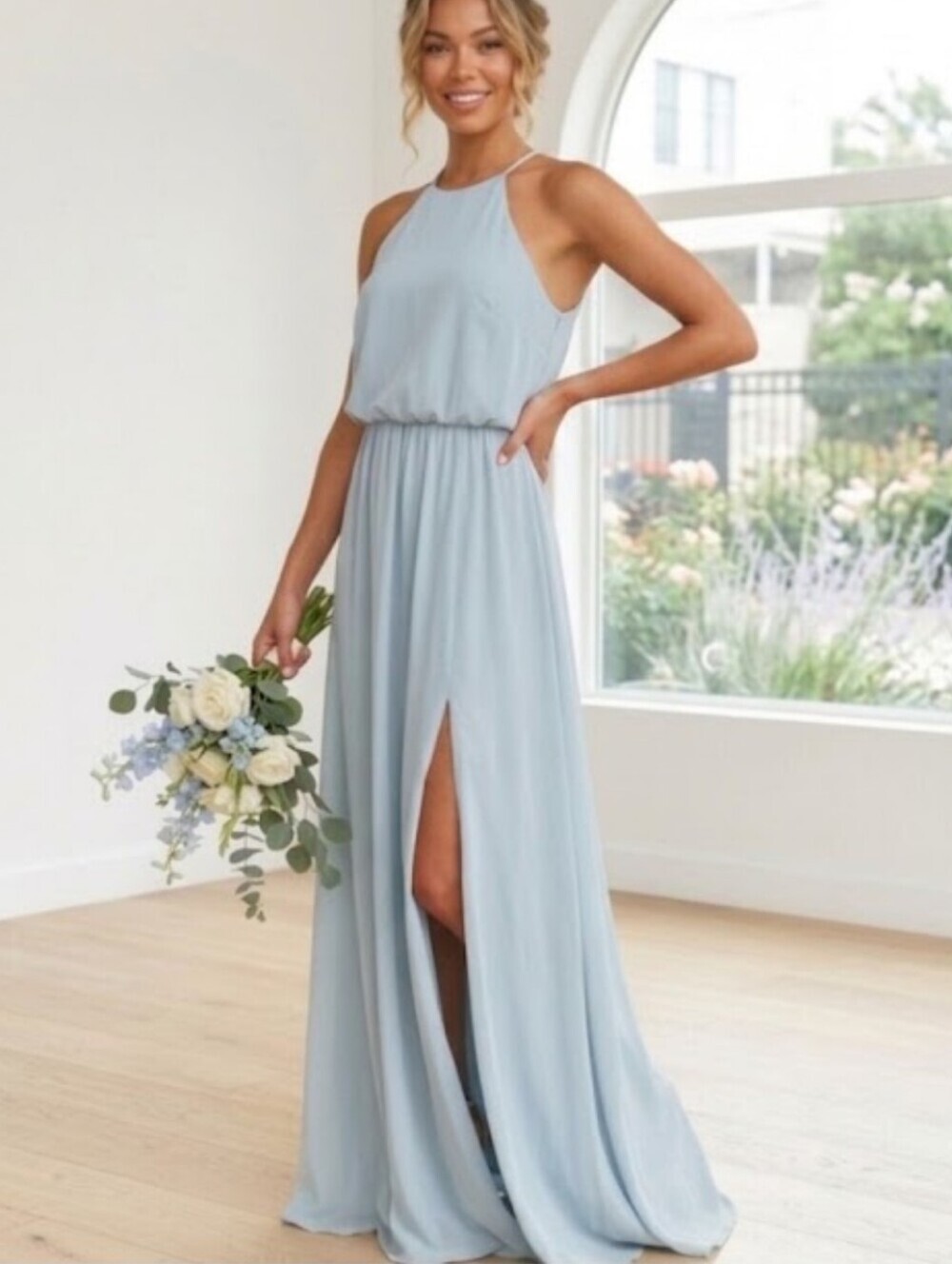 NWT Show Me Your Mumu Heather Halter Chiffon Gown Powder Blue Size S Maxi Dress